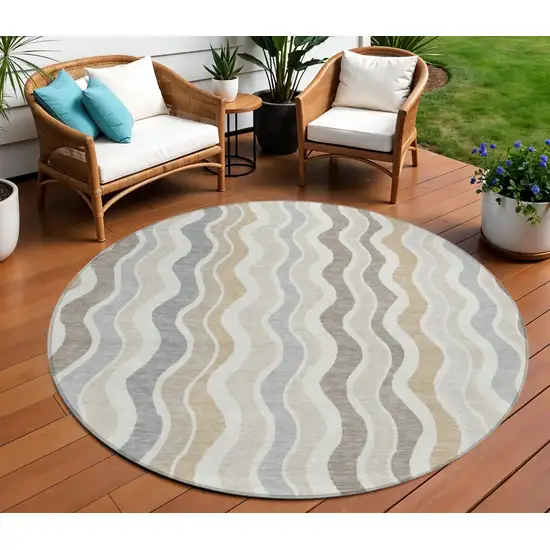 8' Ivory Khaki And Beige Round Striped Washable Indoor Outdoor Area Rug Photo 1