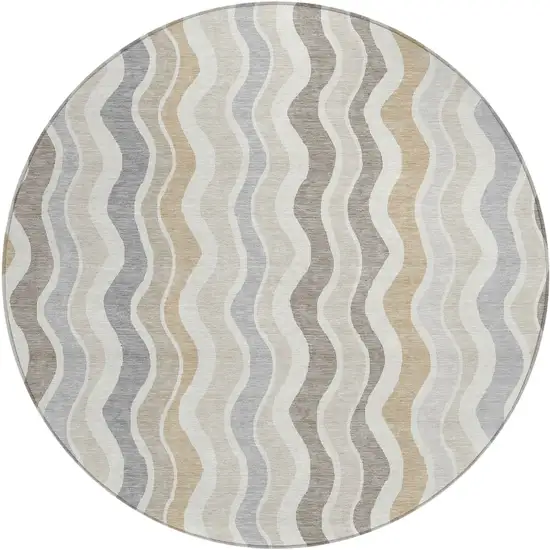 8' Ivory Khaki And Beige Round Striped Washable Indoor Outdoor Area Rug Photo 2