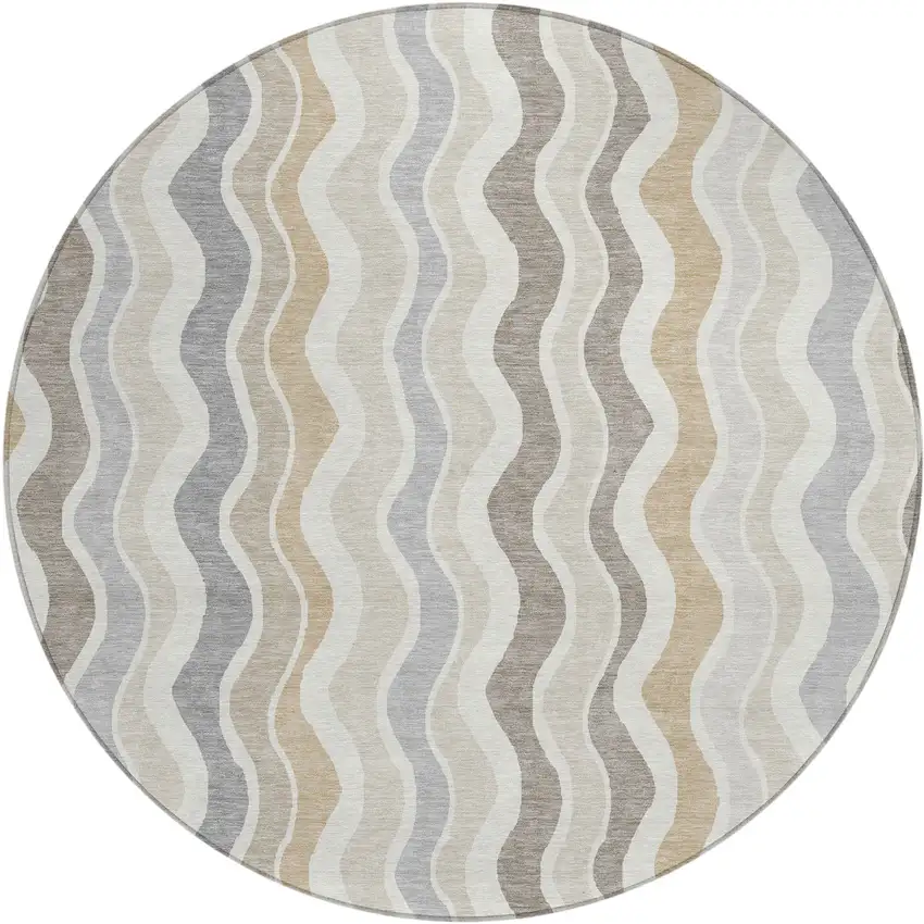 8' Ivory Khaki And Beige Round Striped Washable Indoor Outdoor Area Rug Photo 2