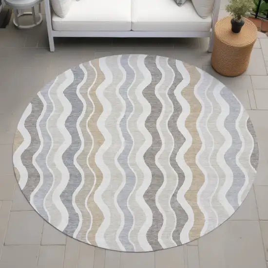8' Ivory Khaki And Beige Round Striped Washable Indoor Outdoor Area Rug Photo 8