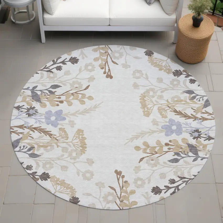 8' Ivory Khaki And Gray Round Floral Washable Indoor Outdoor Area Rug Photo 8