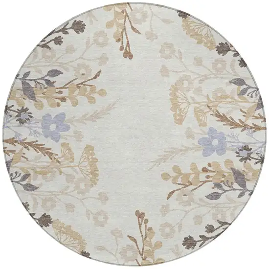 8' Ivory Khaki And Gray Round Floral Washable Indoor Outdoor Area Rug Photo 4