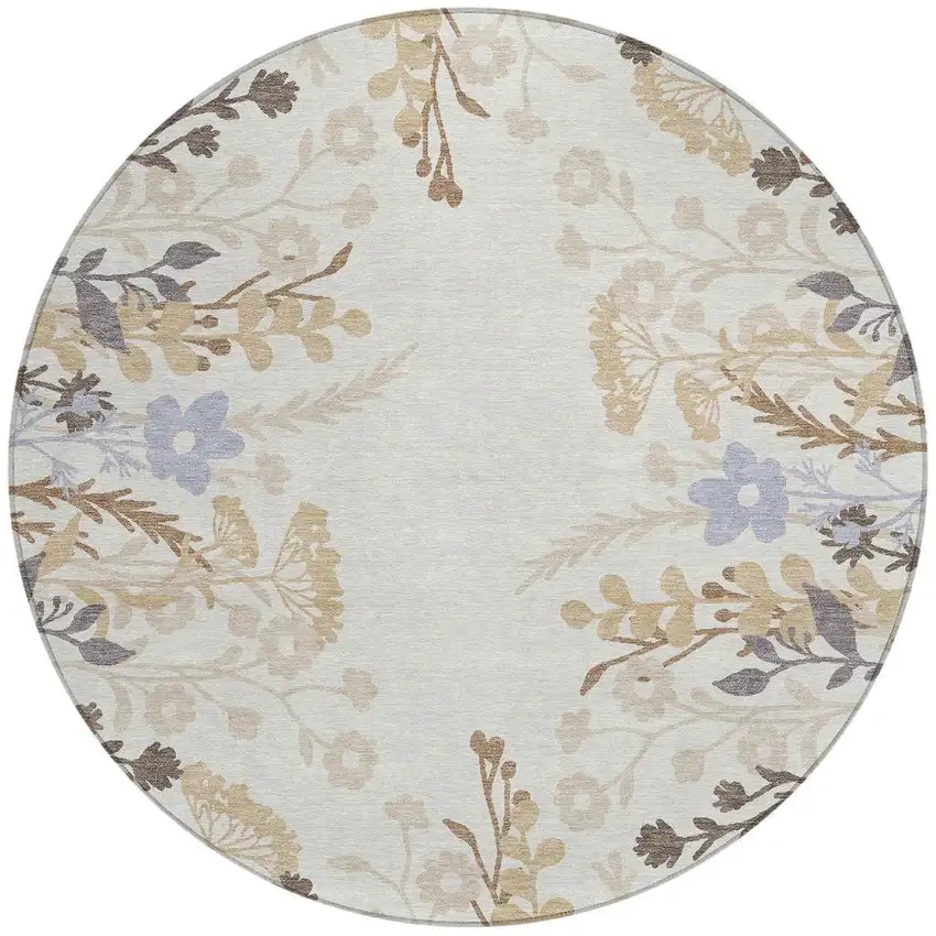 8' Ivory Khaki And Gray Round Floral Washable Indoor Outdoor Area Rug Photo 4