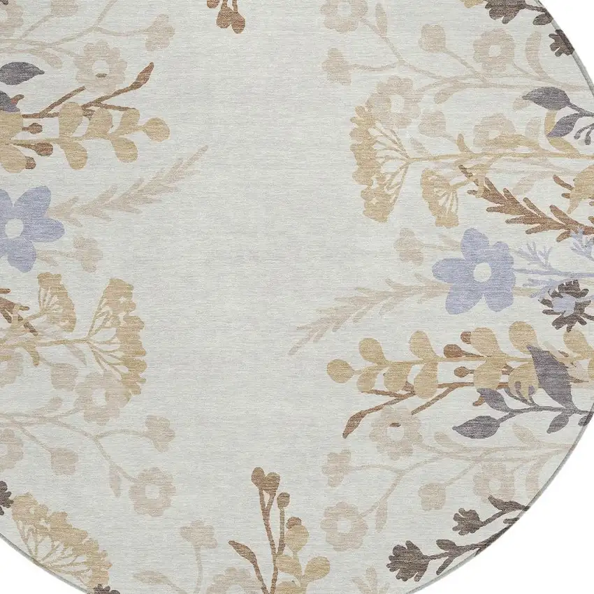 8' Ivory Khaki And Gray Round Floral Washable Indoor Outdoor Area Rug Photo 7