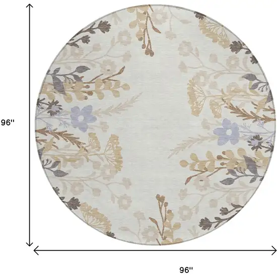 8' Ivory Khaki And Gray Round Floral Washable Indoor Outdoor Area Rug Photo 3