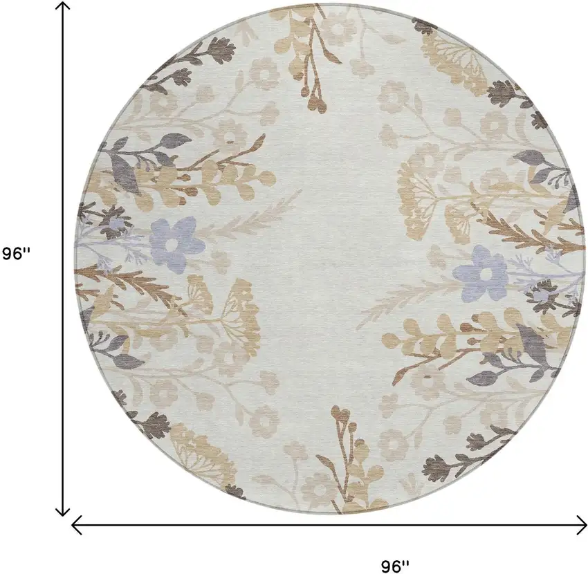 8' Ivory Khaki And Gray Round Floral Washable Indoor Outdoor Area Rug Photo 3