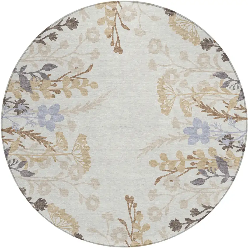 8' Ivory Khaki And Gray Round Floral Washable Indoor Outdoor Area Rug Photo 2