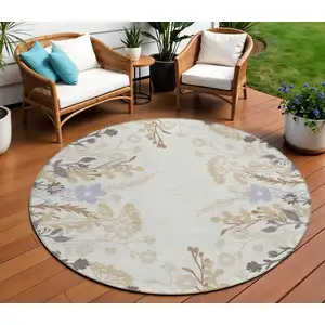 Photo of 8' Ivory Khaki And Gray Round Floral Washable Indoor Outdoor Area Rug
