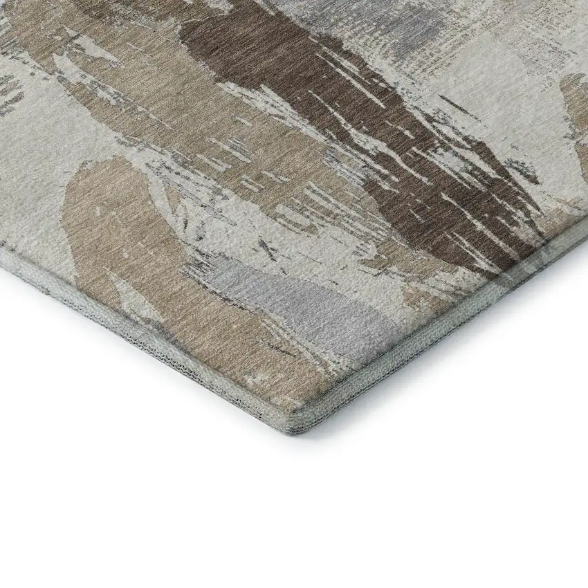 8' Ivory Khaki And Taupe Abstract Washable Area Rug With UV Protection Photo 7