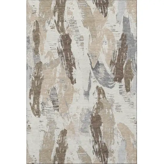 8' Ivory Khaki And Taupe Abstract Washable Area Rug With UV Protection Photo 3