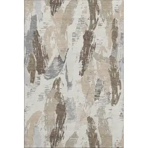Photo of 8' Ivory Khaki And Taupe Abstract Washable Area Rug With UV Protection