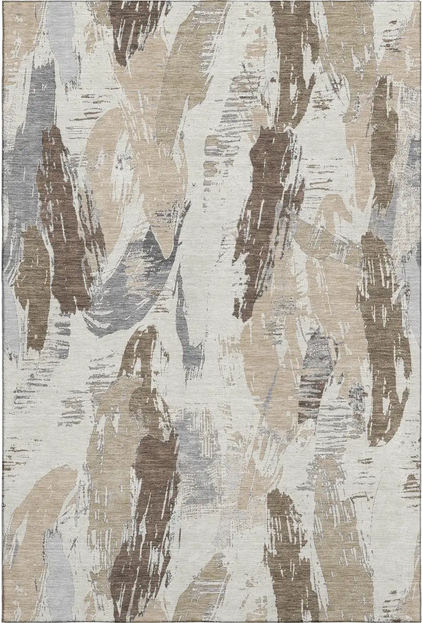 8' Ivory Khaki And Taupe Abstract Washable Area Rug With UV Protection Photo 1