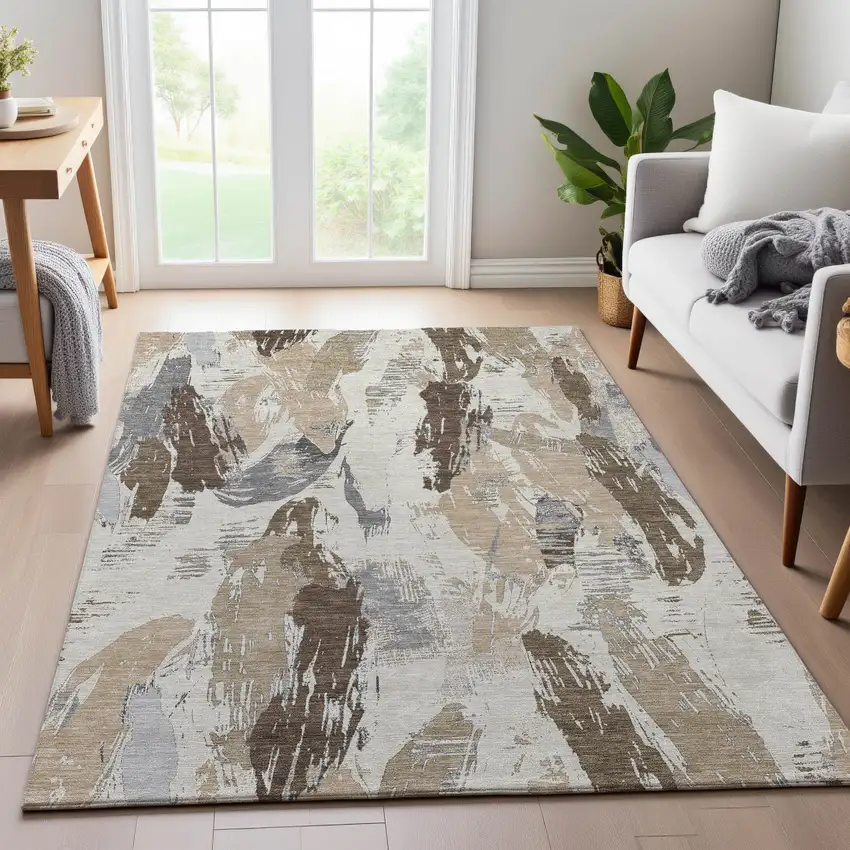 8' Ivory Khaki And Taupe Abstract Washable Area Rug With UV Protection Photo 5