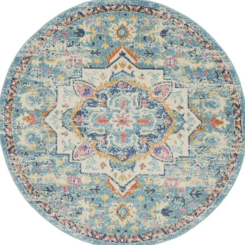 4' Ivory Light Blue And Yellow Floral Round Rug Photo 6