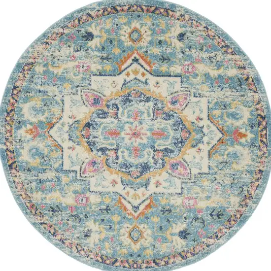 4' Ivory Light Blue And Yellow Floral Round Rug Photo 6