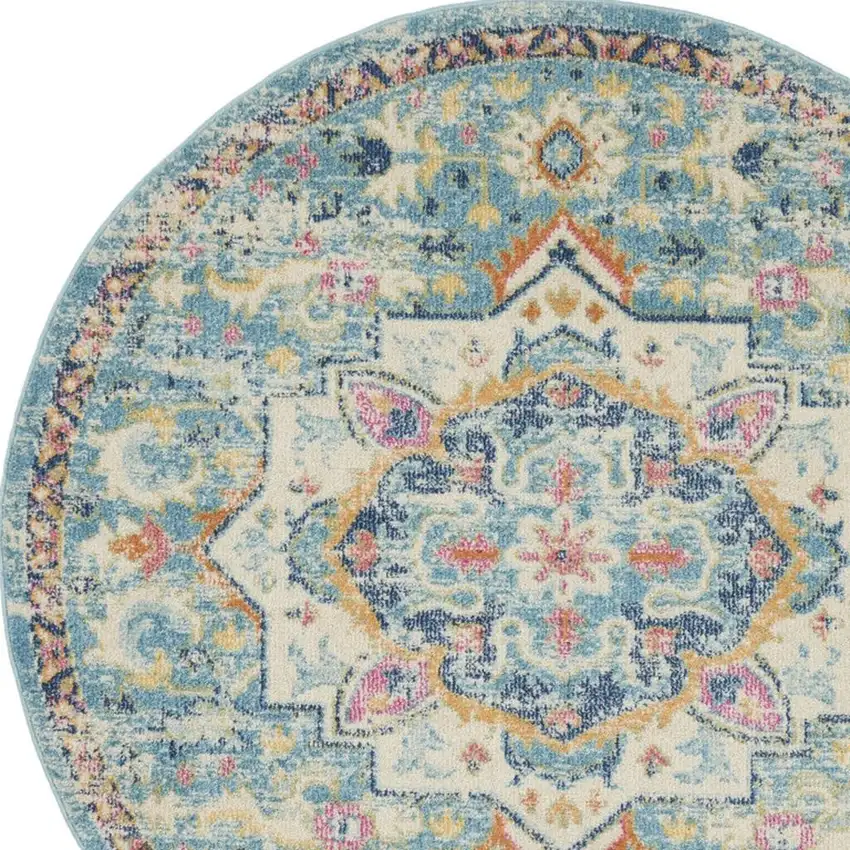 4' Ivory Light Blue And Yellow Floral Round Rug Photo 3