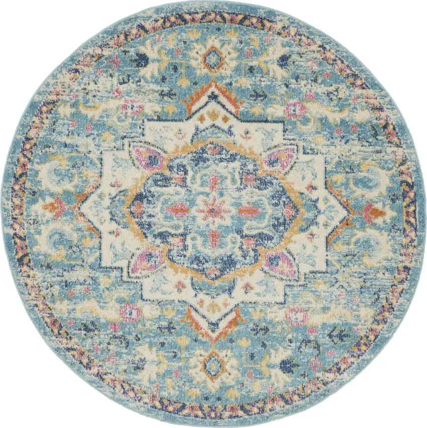 4' Ivory Light Blue And Yellow Floral Round Rug Photo 2