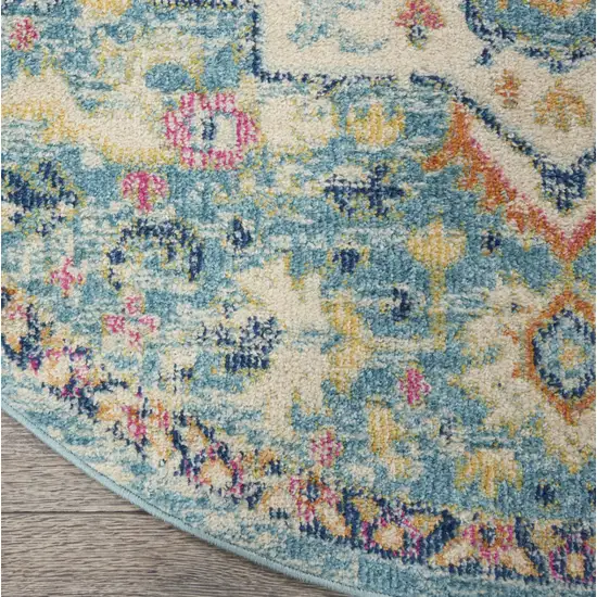 4' Ivory Light Blue And Yellow Floral Round Rug Photo 9