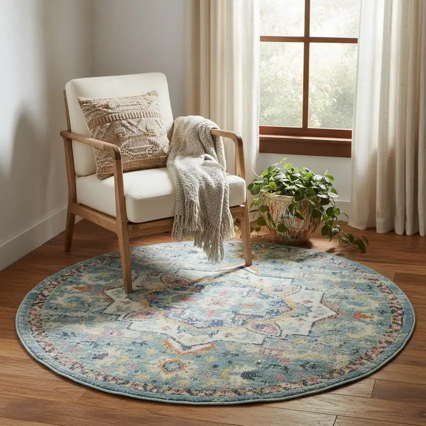 4' Ivory Light Blue And Yellow Floral Round Rug Photo 1