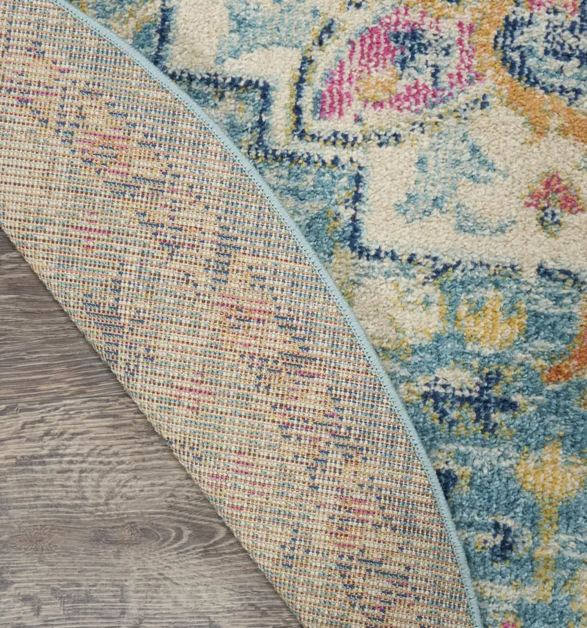 4' Ivory Light Blue And Yellow Floral Round Rug Photo 8