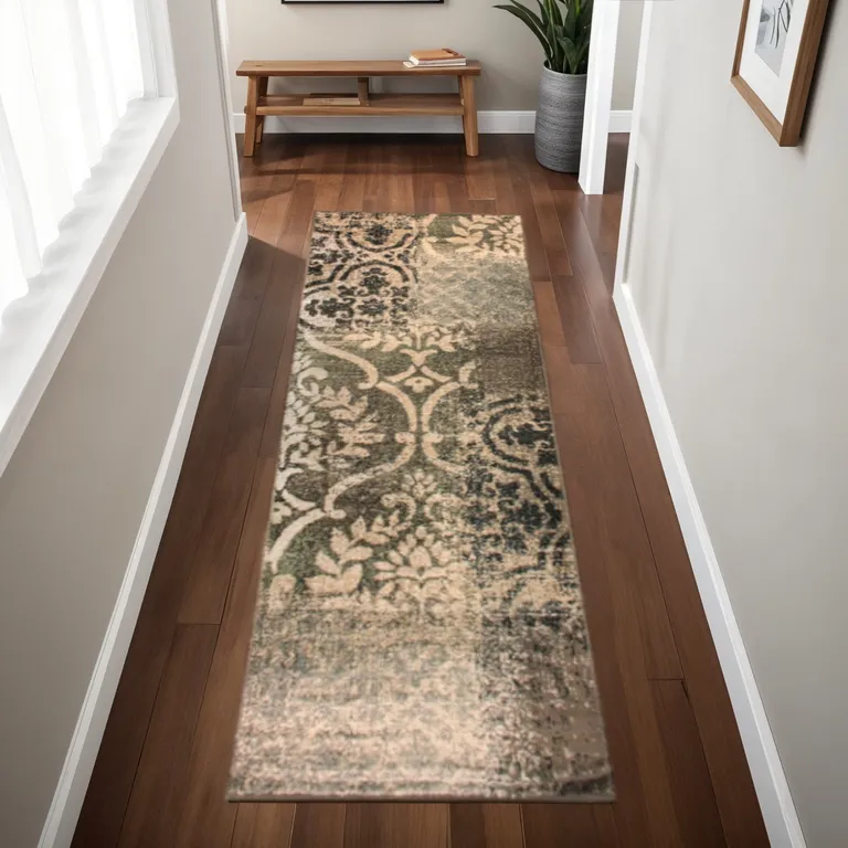 8' Ivory Light Blue Damask Distressed Stain Resistant Runner Rug Photo 5