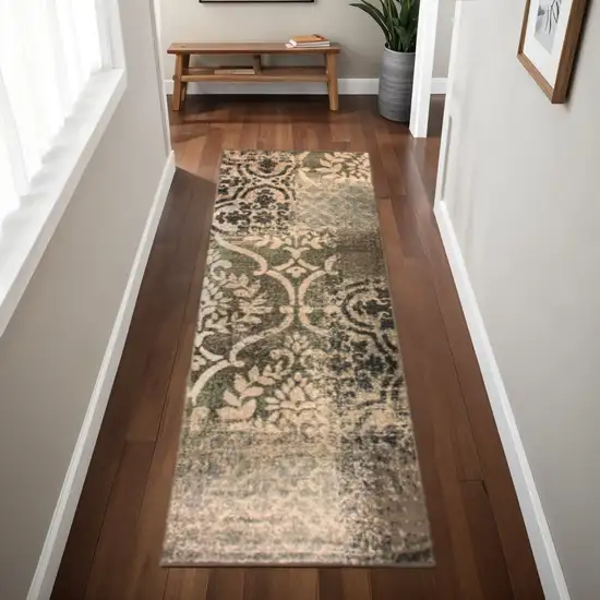 8' Ivory Light Blue Damask Distressed Stain Resistant Runner Rug Photo 1