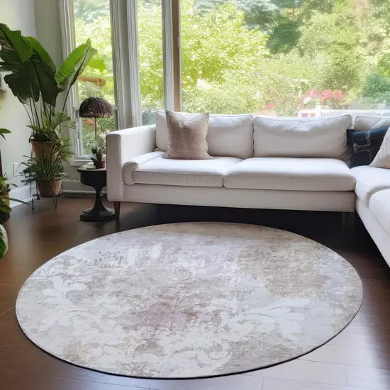 8' Ivory Light Purple And Gray Round Damask Washable Indoor Outdoor Area Rug Photo 7