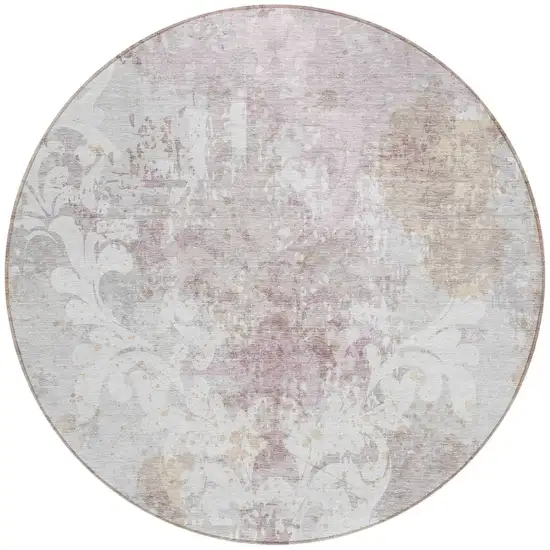 8' Ivory Light Purple And Gray Round Damask Washable Indoor Outdoor Area Rug Photo 5