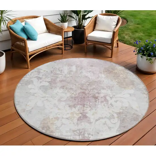 8' Ivory Light Purple And Gray Round Damask Washable Indoor Outdoor Area Rug Photo 1
