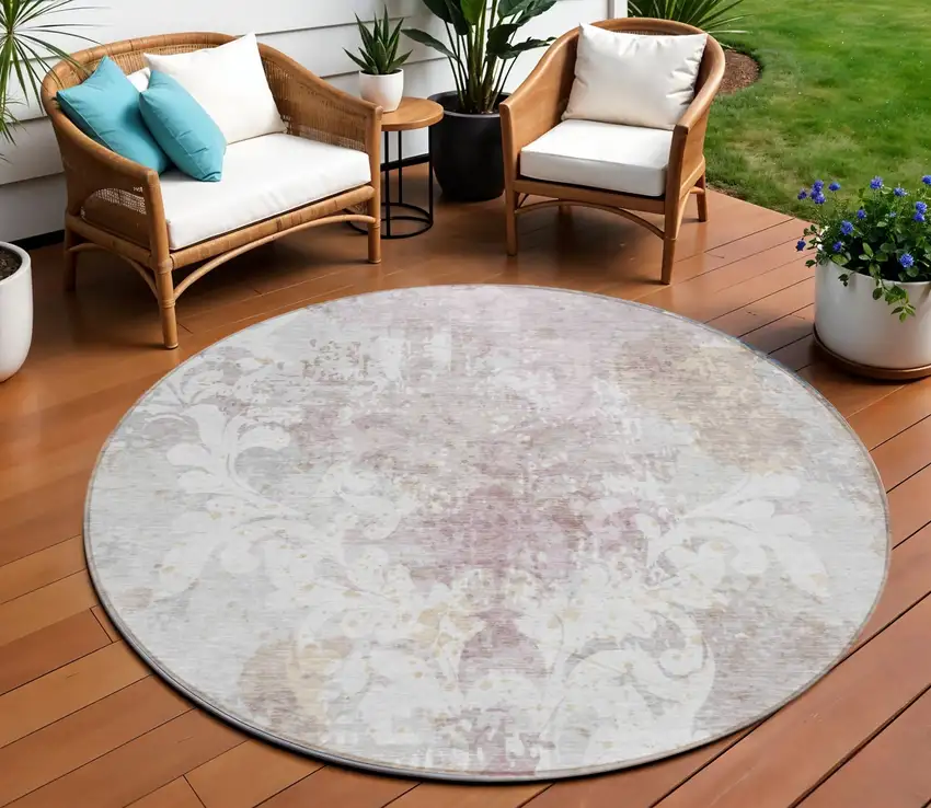 8' Ivory Light Purple And Gray Round Damask Washable Indoor Outdoor Area Rug Photo 1