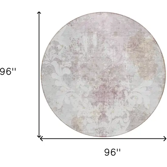 8' Ivory Light Purple And Gray Round Damask Washable Indoor Outdoor Area Rug Photo 3
