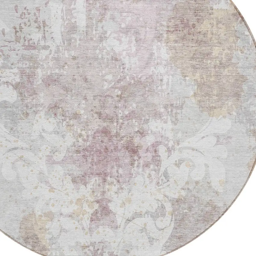 8' Ivory Light Purple And Gray Round Damask Washable Indoor Outdoor Area Rug Photo 4