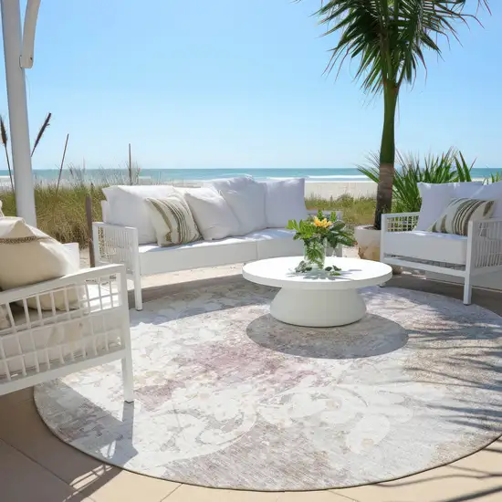 8' Ivory Light Purple And Gray Round Damask Washable Indoor Outdoor Area Rug Photo 6