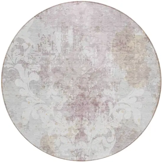8' Ivory Light Purple And Gray Round Damask Washable Indoor Outdoor Area Rug Photo 2