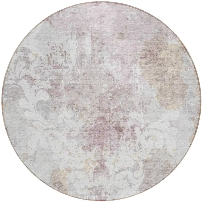 8' Ivory Light Purple And Gray Round Damask Washable Indoor Outdoor Area Rug Photo 2