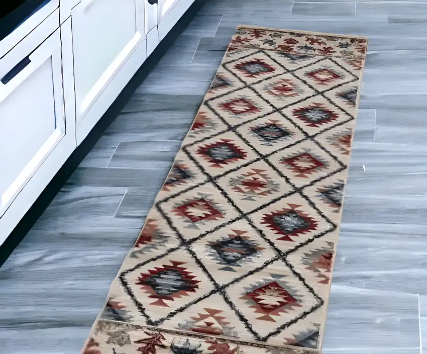 8' Ivory Machine Woven Geometric Lodge Indoor Runner Rug Photo 2