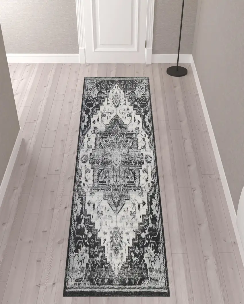 10' Ivory Medallion Power Loom Runner Rug Photo 2
