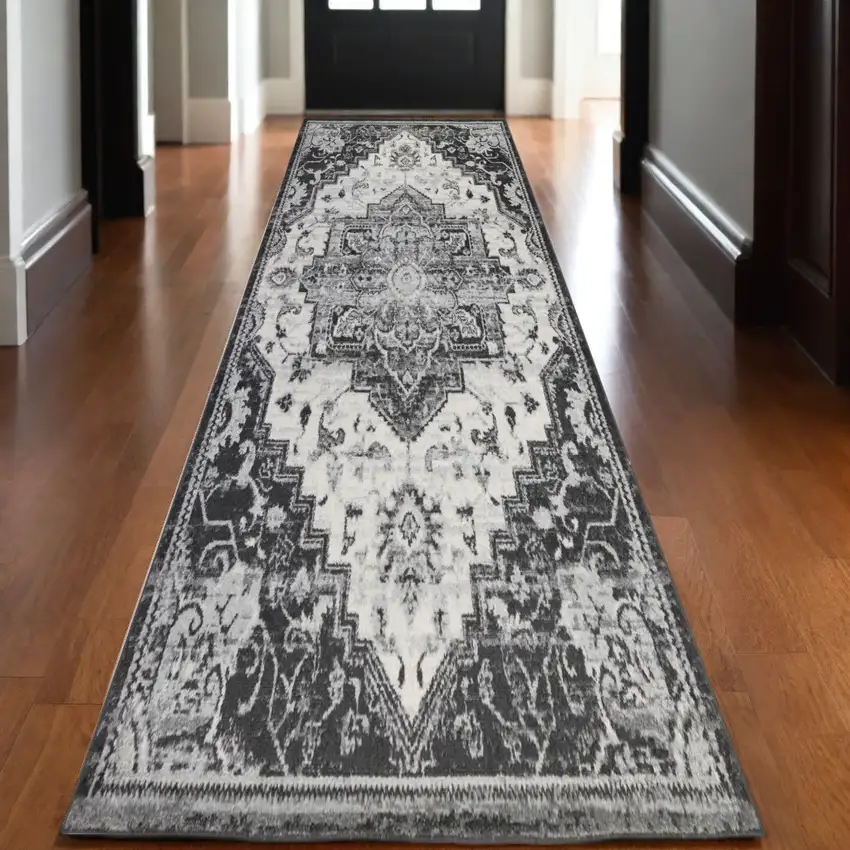 10' Ivory Black And Gray Medallion Runner Rug Photo 1