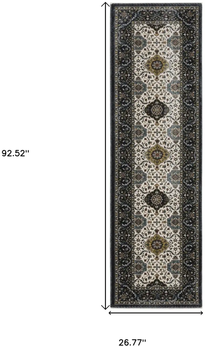 8' Ivory Medallion Runner Rug With Fringe Photo 3