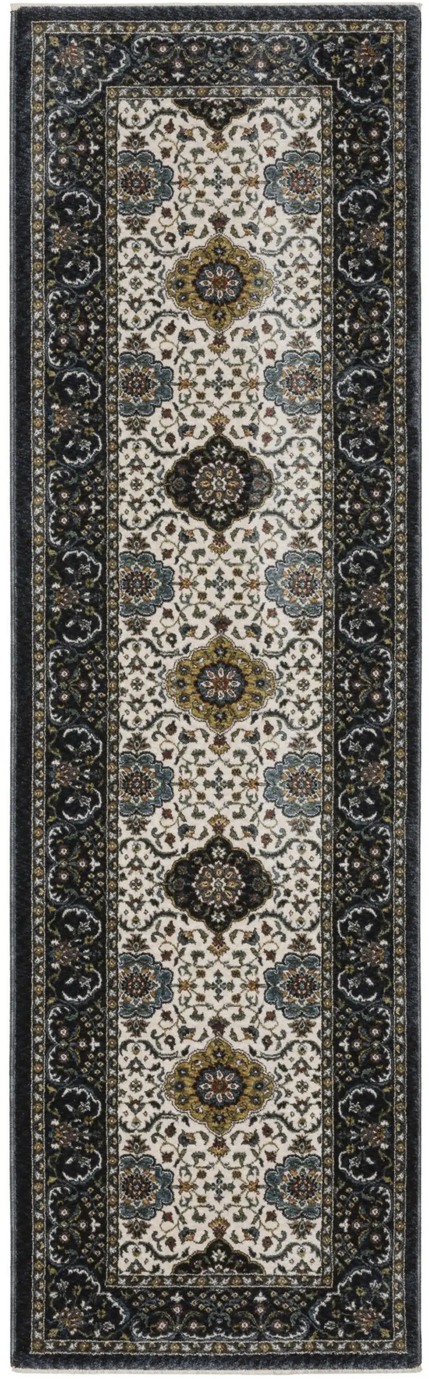 8' Ivory Medallion Runner Rug With Fringe Photo 2