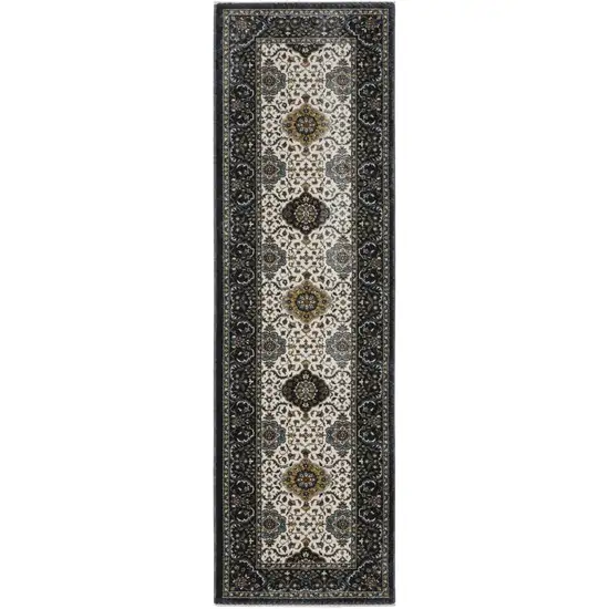 8' Ivory Medallion Runner Rug With Fringe Photo 2