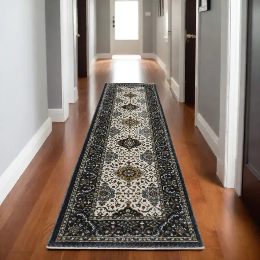 8' Ivory Medallion Runner Rug With Fringe Photo 1