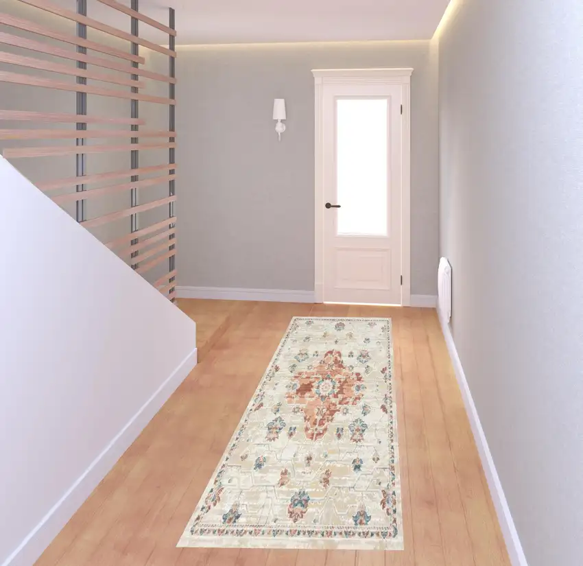 8' Ivory Medallion Runner Rug Photo 2