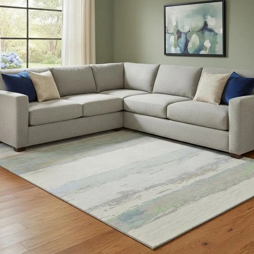 8' Ivory Mint Green And Teal Abstract Washable Area Rug With UV Protection Photo 2