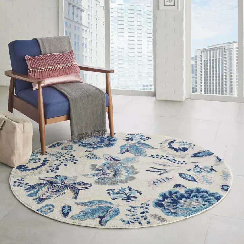 5' Ivory Navy Blue And Light Blue Floral Round Rug Photo 7