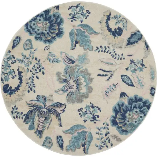 5' Ivory Navy Blue And Light Blue Floral Round Rug Photo 1