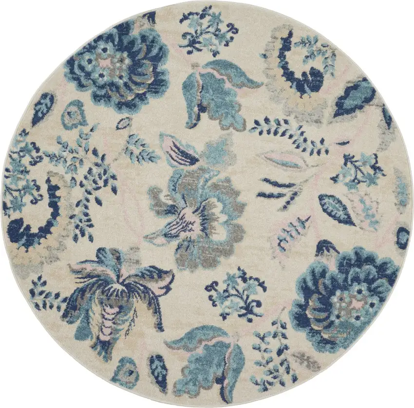5' Ivory Navy Blue And Light Blue Floral Round Rug Photo 1