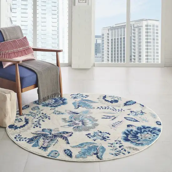 5' Ivory Navy Blue And Light Blue Floral Round Rug Photo 5