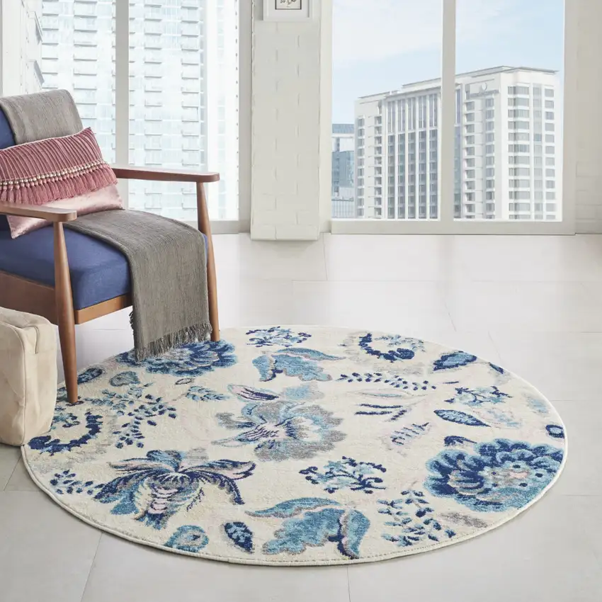 5' Ivory Navy Blue And Light Blue Floral Round Rug Photo 5