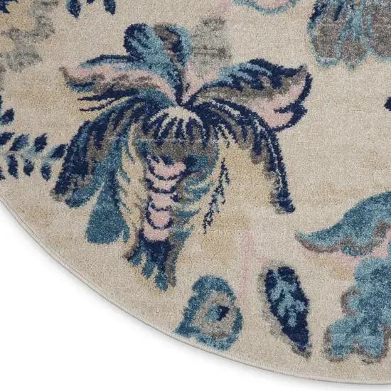 5' Ivory Navy Blue And Light Blue Floral Round Rug Photo 9